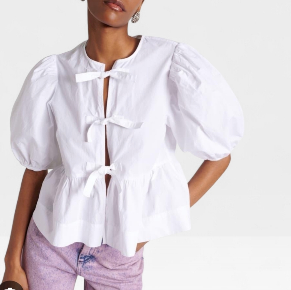 Ganni White Puff Sleeve Tie-Front Blouse